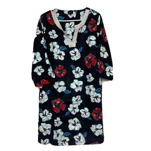 Talbots Tunic Dress L Linen Navy Blue Floral Notch Neck Shift Casual Embellished